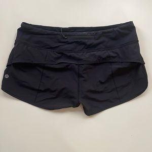 Black lululemon size 8 speed shorts with 4 way stretch, 2.5” inseam